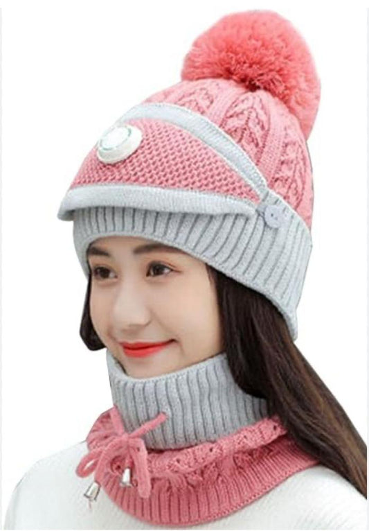 Women Winter Cap And Neck Elastic Knitting Thick Fleece Warm Woolen Beanie Cap Sport Hat & Neck Scarf Set 2 Piece(random Colors)