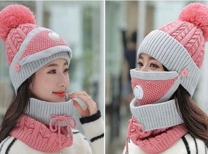 Women Winter Cap And Neck Elastic Knitting Thick Fleece Warm Woolen Beanie Cap Sport Hat & Neck Scarf Set 2 Piece(random Colors)